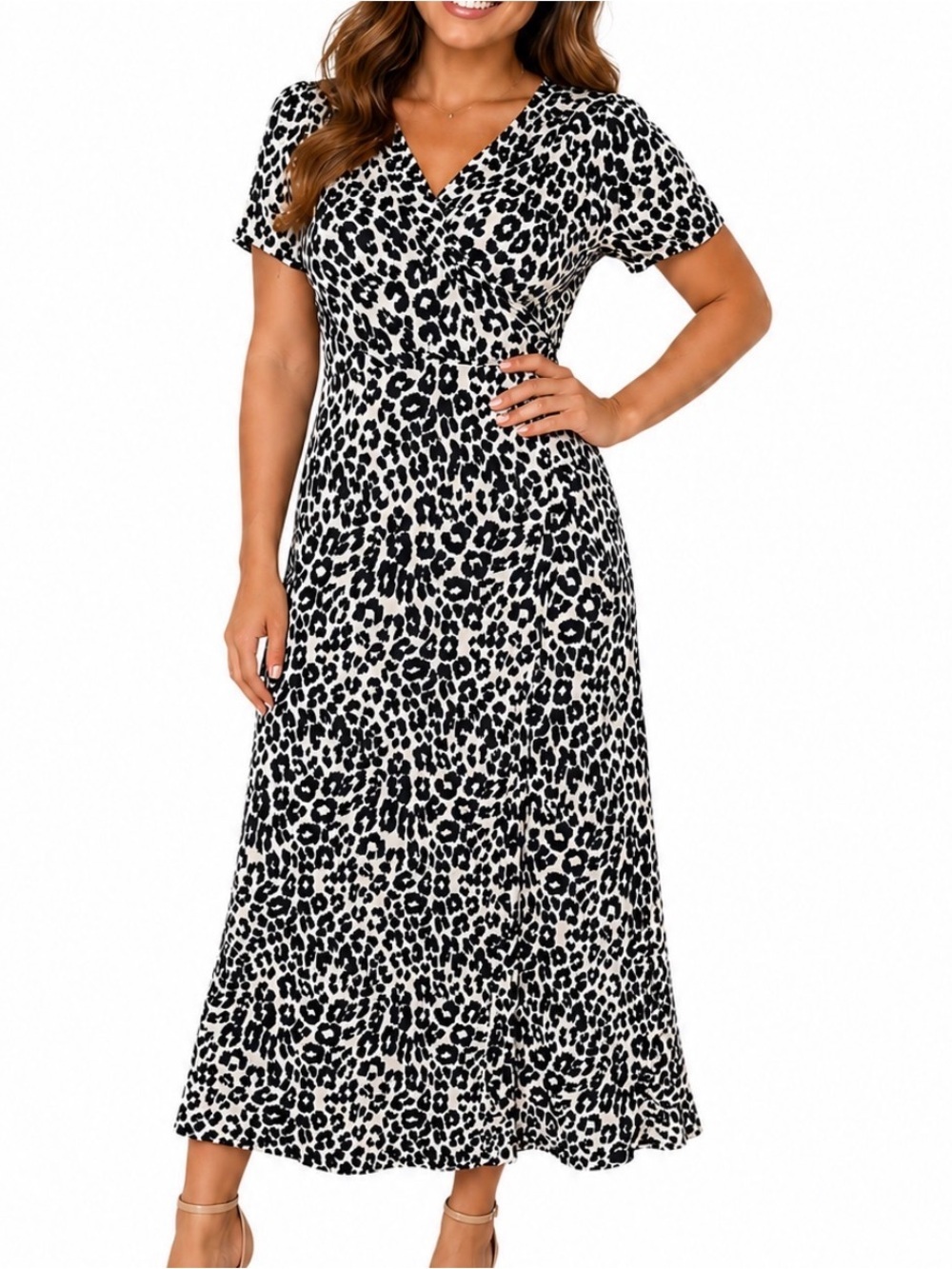 Black and White Leopard Print true Wrap Maxi Dress tie waist SZ LG